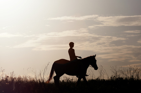 Man astride horses against a rising sun, it is tintedの写真素材