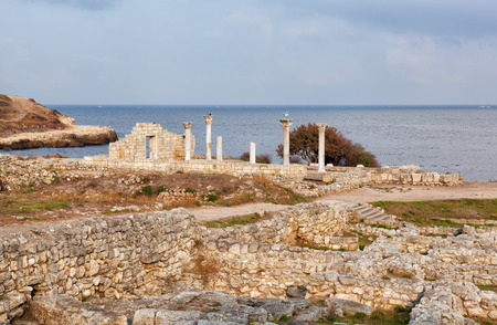 Colonnade in ruins of the Ancient Greek city of Chersonese early in the morning, Sevastopol, the Crimeaのeditorial素材