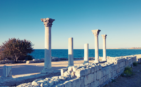 Colonnade in ruins of the Ancient Greek city of Chersonese early in the morning, Sevastopol, Crimeaの写真素材