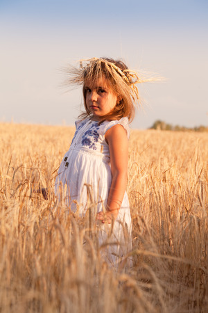 Girl in a white dress and a wreath from ears to stand in the field of ripe wheatの写真素材