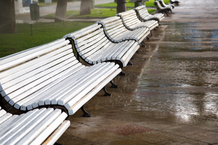 Benches, wet after rain, in city parkの写真素材