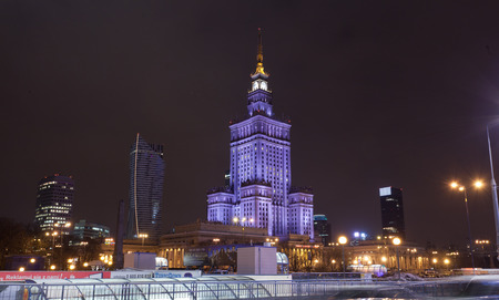 WARSAW, POLAND - 29 DECEMBER 2014: The Palace of Culture and Science in the city center of Warsaw at night, Poland. The Palace of Culture and Science with 231 meters is the tallest building in Poland.のeditorial素材