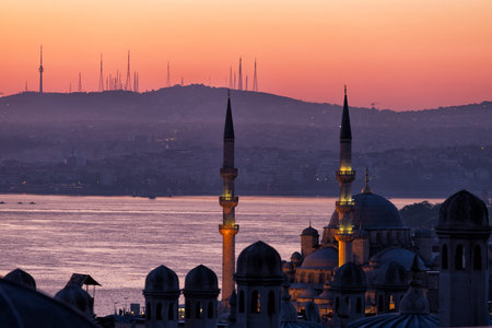 Early morning before sunrise in Istanbul, a view of Bosphorus from Suleymaniye Mosqueの写真素材