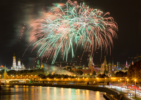 Festive salute against the Kremlin in Moscow, Russiaの写真素材