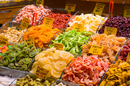 Counter with various dried fruits on the Grand Bazaar in Istanbul, Turkeyの写真素材