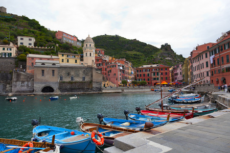 ITALY, VERNAZZA-MAY 19, 2014: Yachts at the mooring on the embankment. Vernazza â one of five settlements of national park of Cinque Terreのeditorial素材