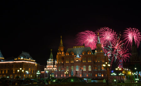 Festive fireworks against the Historical museum, Moscowのeditorial素材
