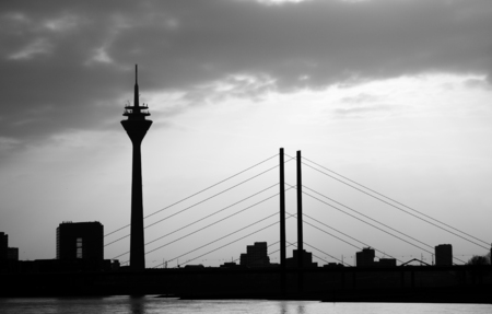 Dyusseldorf- view of the television tower and the cable-stayed bridge. Monochrome.の写真素材