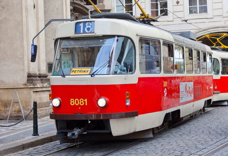 PRAGUE, CZECH REPUBLIC - JULY 30,2013:Czech tram in historical center of Prague. Annually Prague is visited by more than 3,5 million tourists.のeditorial素材