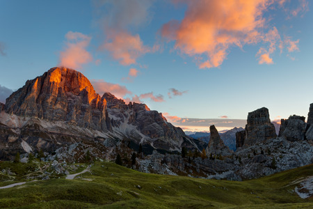 Mountain Cinque Torri (The Five Pillars) at sunrise, Dolomites, Italyの写真素材