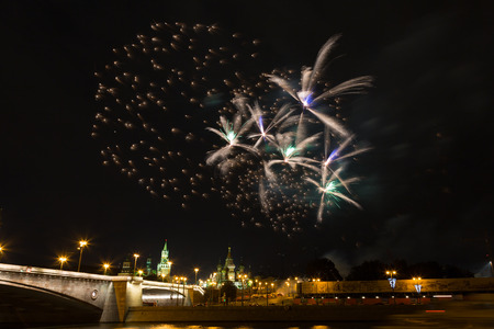 Fireworks over the Moscow Kremlin at night. View of the Moscow River, Russiaの写真素材