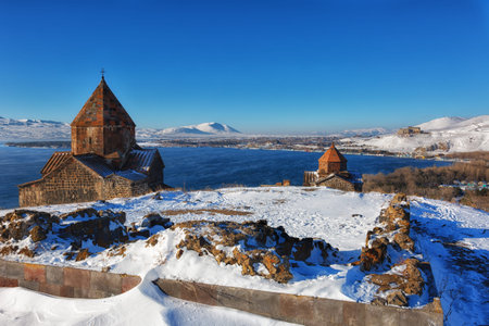 Sevan temple complex on the peninsula of the Lake Sevan, Armenia.の写真素材