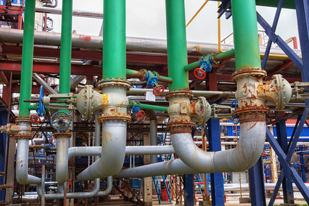 Close-up of pipelines and destillation tanks of an oil-refinery plant