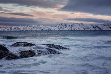 Arctic landscape, Barents Sea on winter sunsetの写真素材