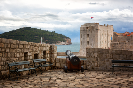 View of the old fortification wall in Dubrovnik on a winter day, Croatiaの写真素材