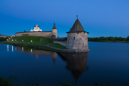 Ancient Kremlin in summer night,  Pskov, Russiaのeditorial素材