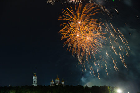 Big  festive fireworks over the Assumption Cathedral in Vladimir, Russia