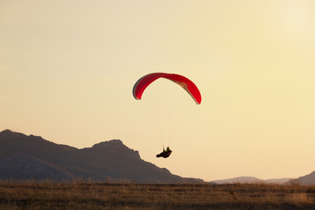 Paraplan flying over a field at sunsetの写真素材