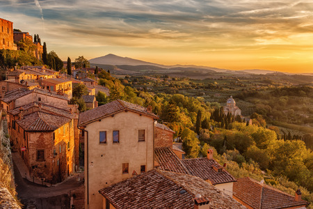 Tuscany,view from the walls of Montepulciano in sunset, Italyの写真素材