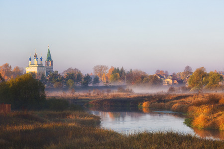 Old church  in sunrise.Shuysky district, Dunilovo village. Ivanovo region, Russiaの写真素材