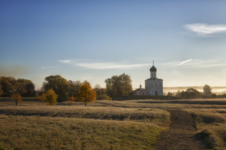 Church of Intercession upon Nerl River. (Bogolubovo, Vladimir region, Golden Ring of Russia) in autumn sunny morningの写真素材