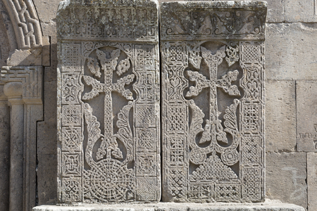 Ancient khachkar in the monastery in Armeniaの写真素材