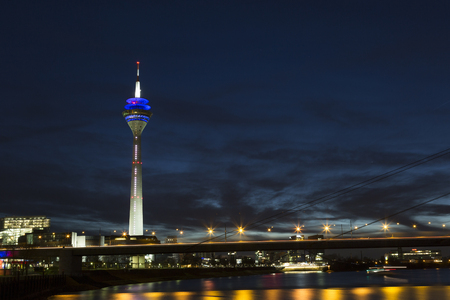 View of the center of Dusseldorf and the TV tower in night, Germanyのeditorial素材