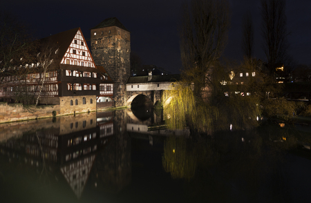 Nuremberg, Hangman's House, Hangman's  Bridge over the Pegnitz River and Water tower,  Germanyのeditorial素材