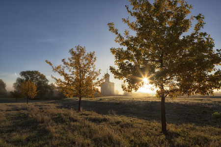 Church of Intercession upon Nerl River. (Bogolubovo, Vladimir region, Golden Ring of Russia) in autumn morningの写真素材