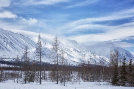 Winter landscape with mountains, Yamal, Russiaの写真素材