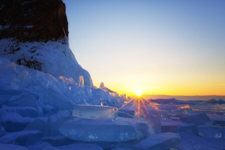 Sunrise in winter on Lake Baikal, Siberia, Russiaの写真素材