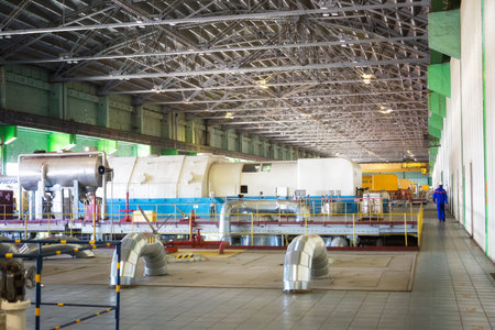 RUSSIA, KONAKOVO - APRIL 03, 2019: Powerful steam turbine in the turbine hall of the power plant
