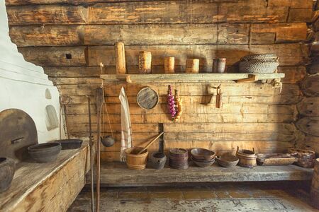 The interior of the rustic Russian hutの写真素材