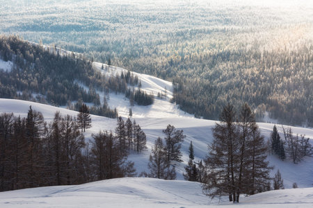 Beautiful winter landscape with mountains at sunrise. Altai. Russia