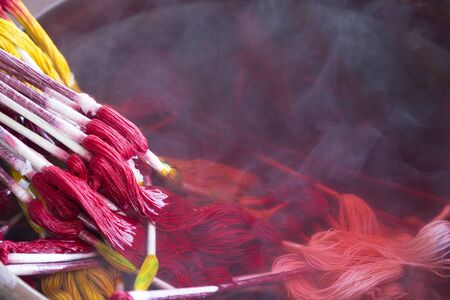 Silk yarn dyeing for making ikat fabricの写真素材