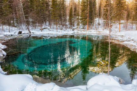 Geyser lake in Altai in winter, Russiaの写真素材