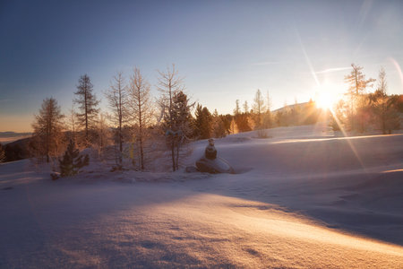 Beautiful winter landscape with mountains at sunrise. Altai. Russiaの写真素材