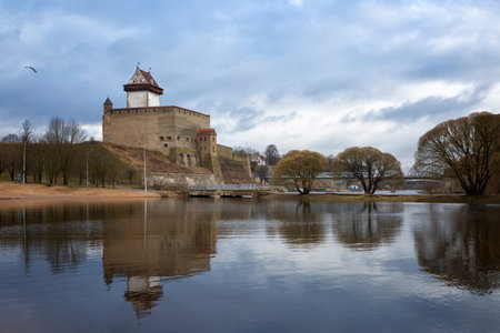 View of Narva Castle with tall Herman's tower in april day. Estonia