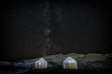 Yurts on the shore of the Aral Sea on stars night, Karakalpakstanの写真素材