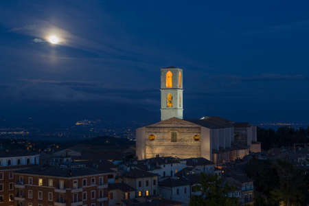 Perugia, Basilica di San Domenico at night in a full moonの写真素材