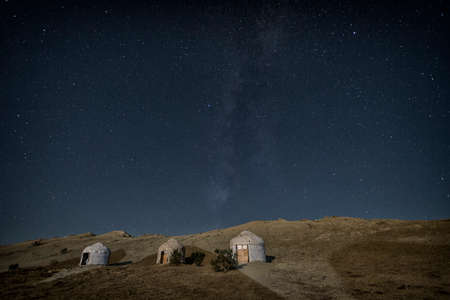Yurts on the shore of the Aral Sea on stars night, Karakalpakstanの写真素材