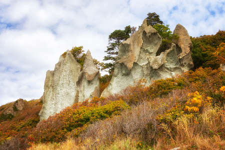 Rock among the autumn forest. Kunashir, South Kurilesの写真素材