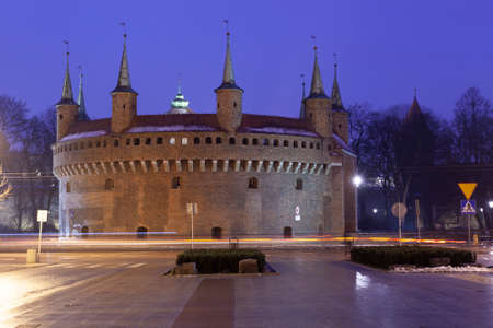 Barbican in Krakow in winter evening. Polandのeditorial素材