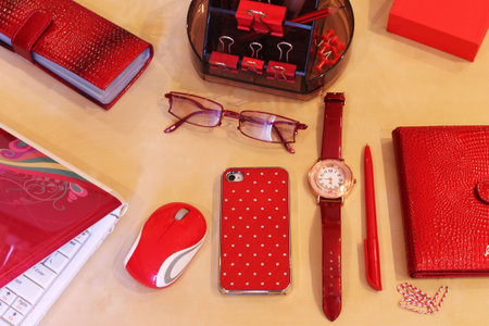 Stationery and business accessories in red color scheme