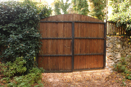 Large double gates, through which sunlight breaks