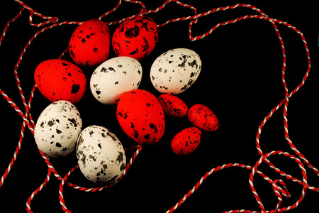 Egg white and red with red decorative ribbonの写真素材