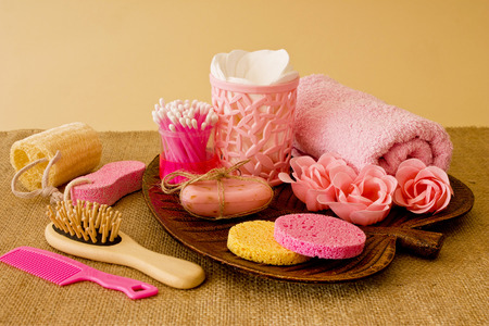 Spa composition of towels, combs, soap, sponges, sea salt and various hygiene productsの写真素材