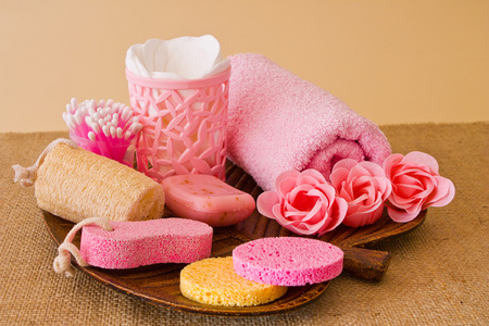 Spa composition of towels, combs, soap, sponges, sea salt and various hygiene productsの写真素材
