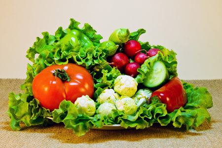 Composition of tomato,brussels sprouts, pepper, cucumber, radish and lettuceの写真素材