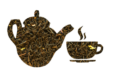 Green tea with jasmine laid out in the form of a teapot and cupsの写真素材